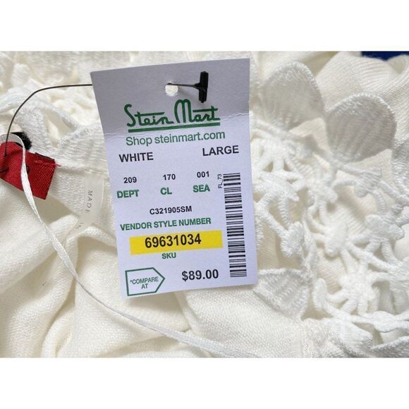 White Eyelet Cut-Out Open Front White Lightweight Cardi Red Wide Sleeve Sz L NEW - Picture 9 of 9